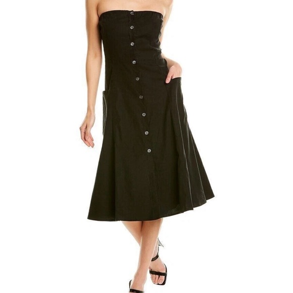 ⚡️ Theory Kayleigh Soft Crunch Black Linen Midi Dress with Pockets - Picture 2 of 6